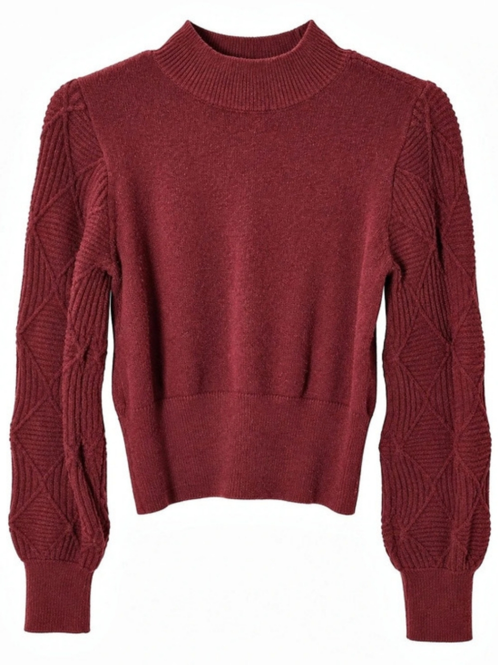 Willow & Root Cropped Cable Sleeve Mock-Neck in Burgundy Medium Like New